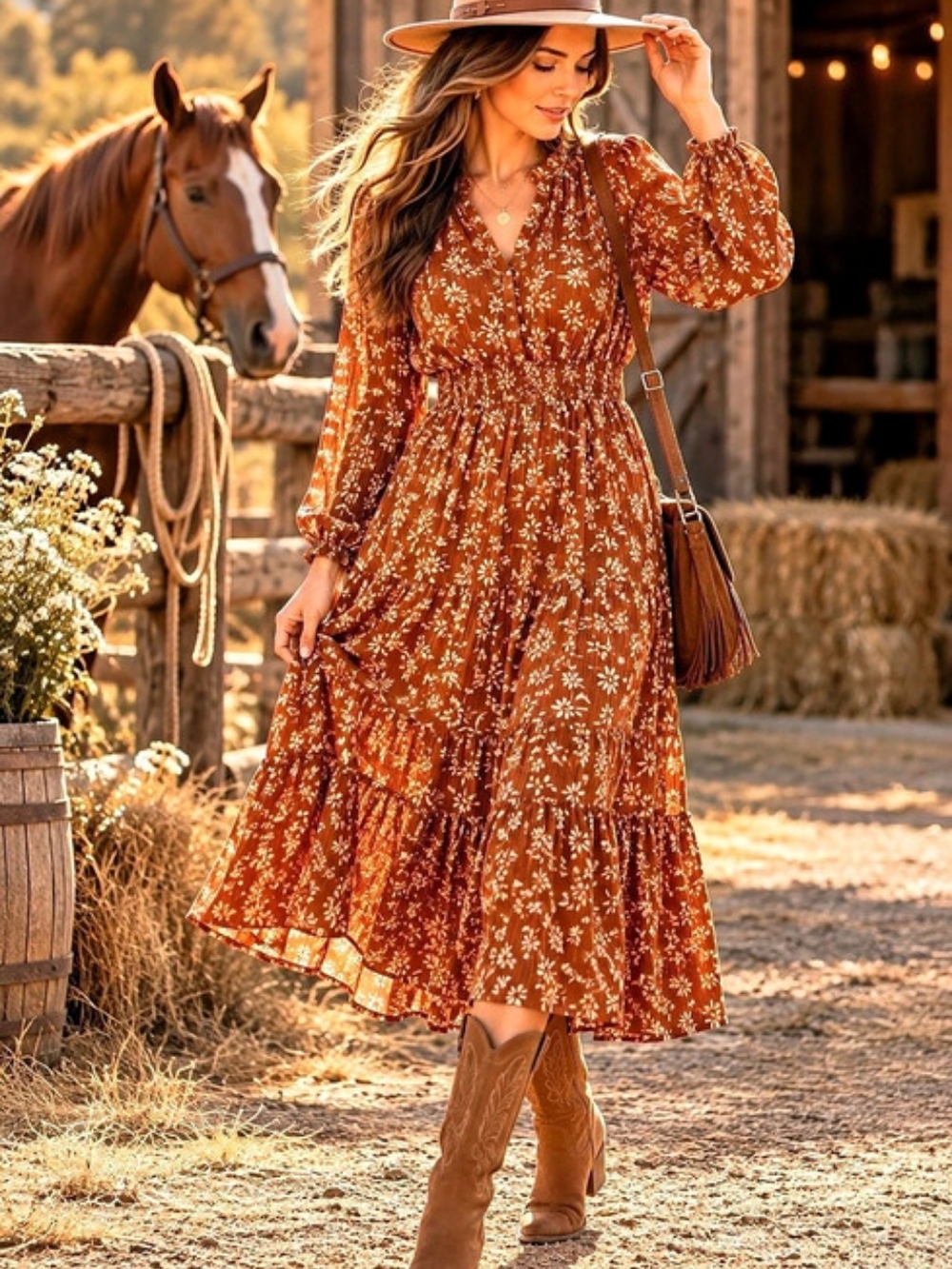 LOFT Burned Orange Long Sleeve Elastic Waistband Floral Maxi Dress Size M NWOT
